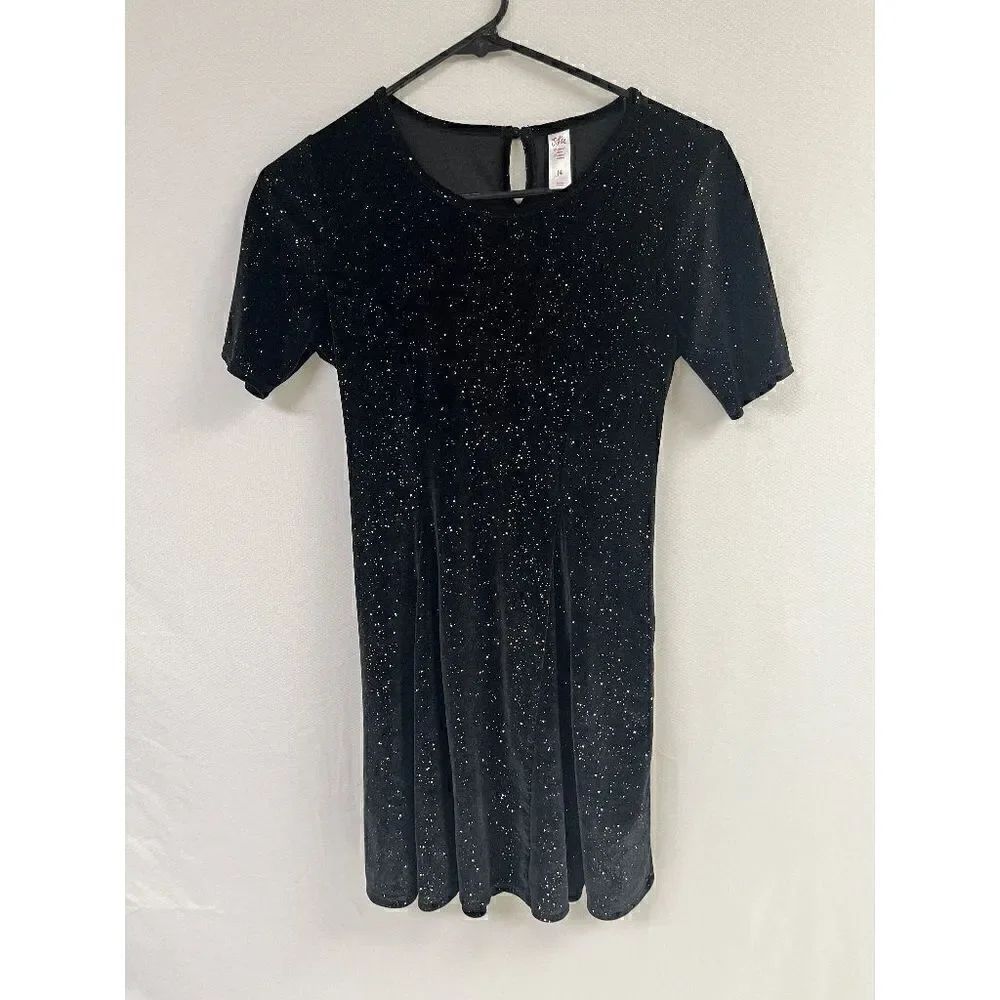 Justice Girls Tunic Short Sleeve Crew neck Velvet with Sequins Dress Black Sz 14